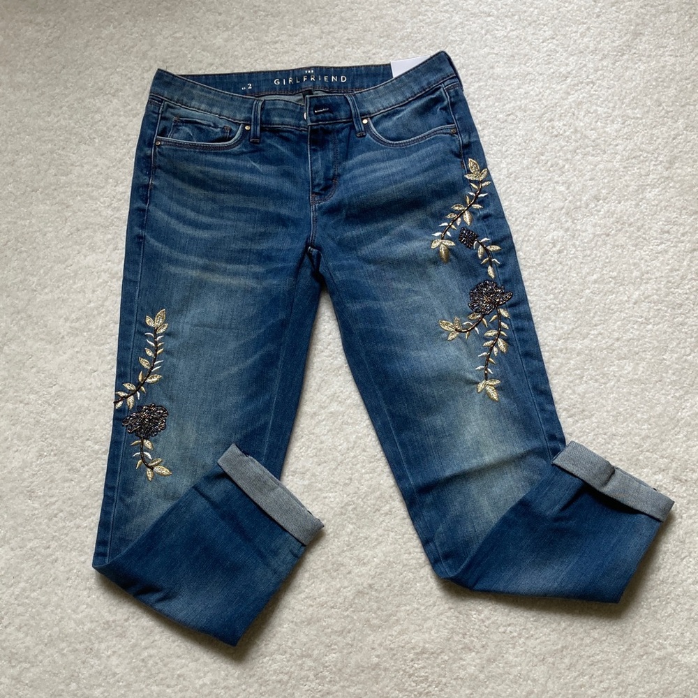 White House Black Market Blue Jeans with Gold Embroidery
